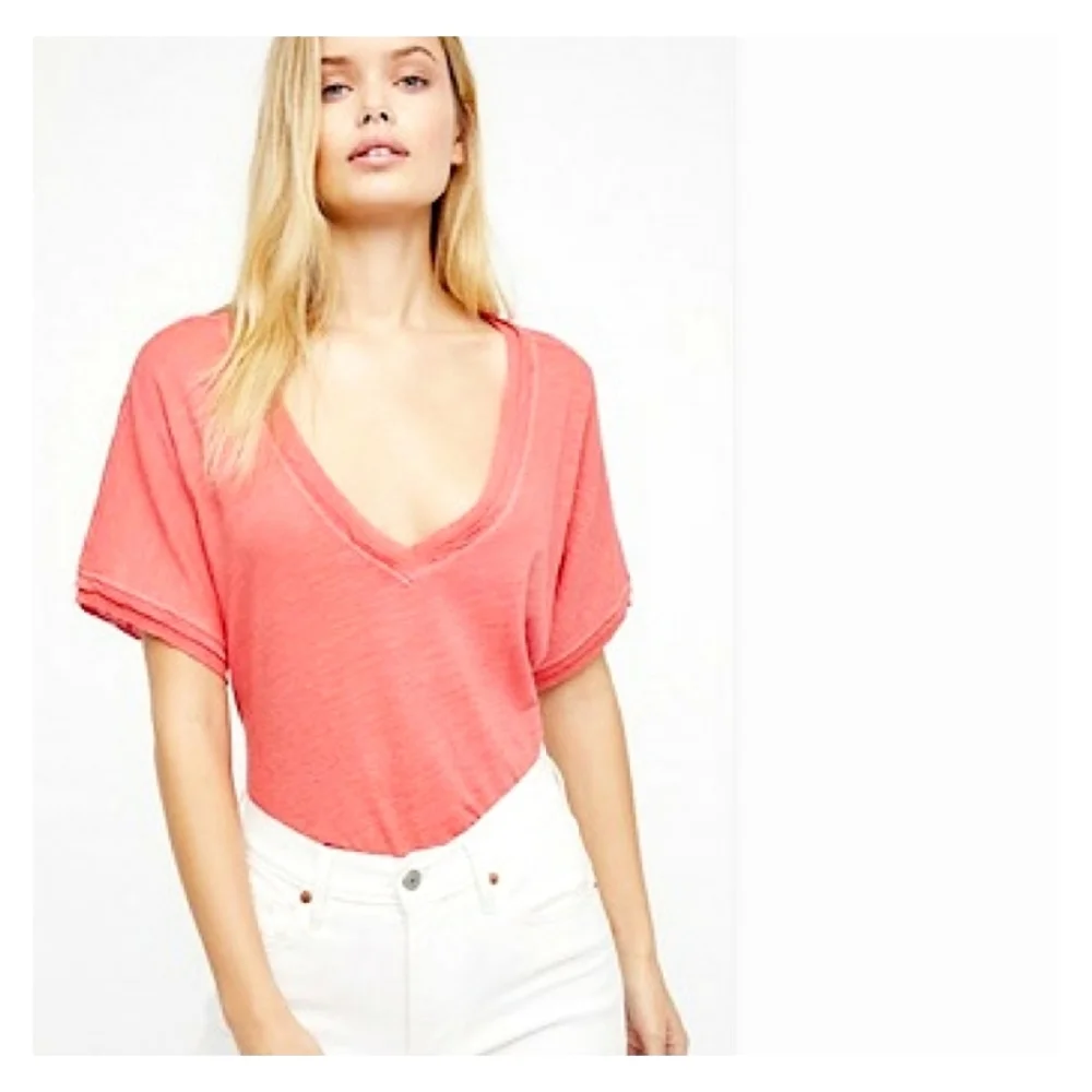 We the Free by FP  " Take Me" boyfriend v-neck burnout tee destructed melon Med. - Picture 12 of 15